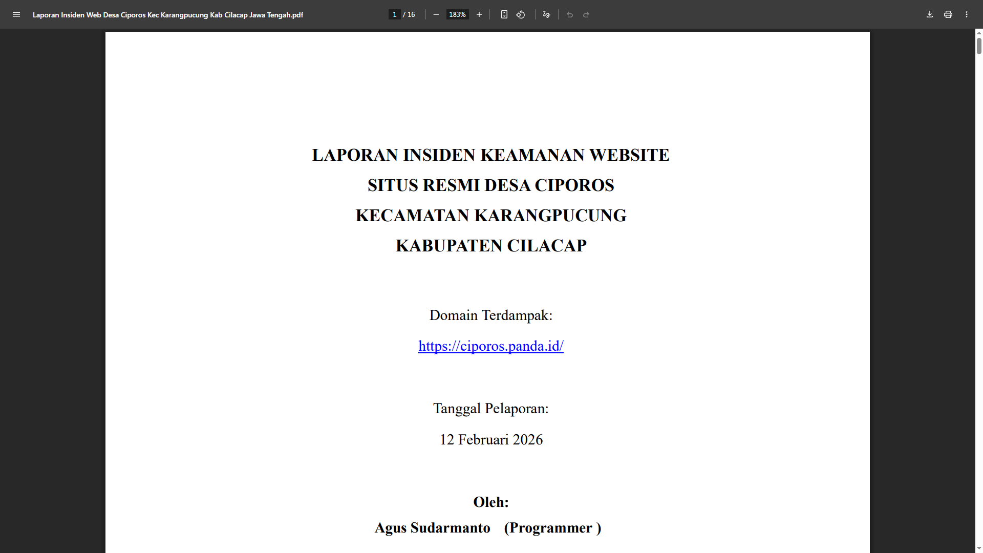 Penanganan Insiden Keamanan Website Desa Ciporos